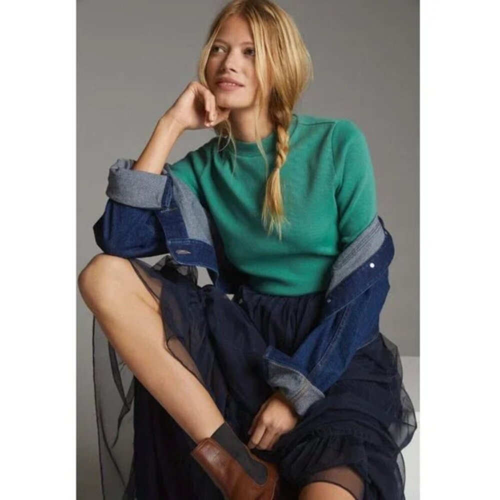 Maeve Anthropologie Mock Neck Ribbed Green Top Women's M